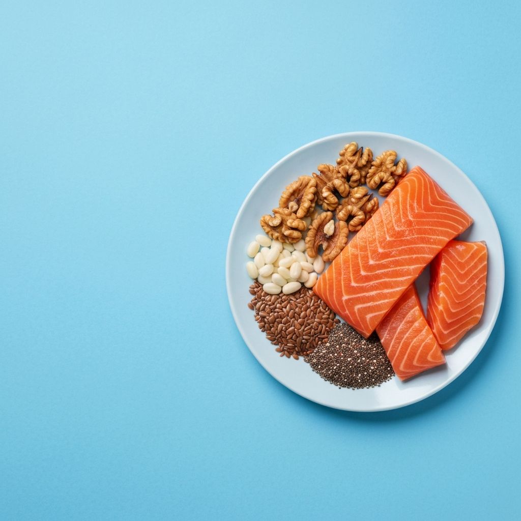 Omega-3 sources including salmon, walnuts, and seeds
